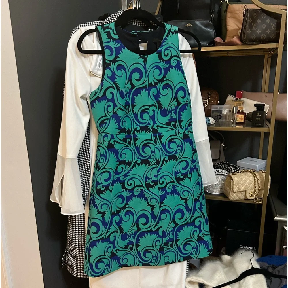 NWT J.Crew Black Label Blue Green Jacquard Sleeveless A Line Dress Size 6